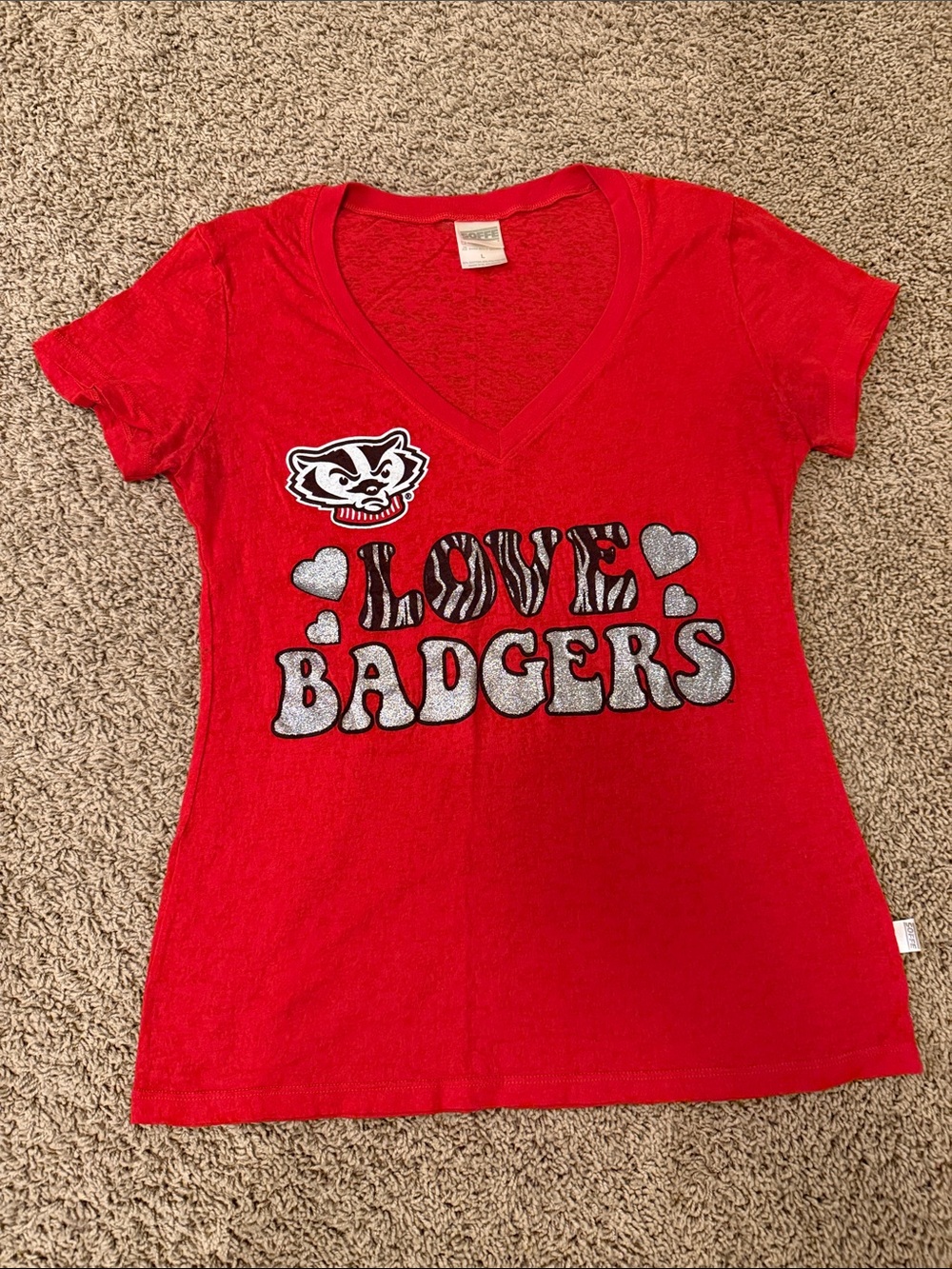 Soffe Red V-Neck 'Love Badgers' Glitter Graphic Tee
